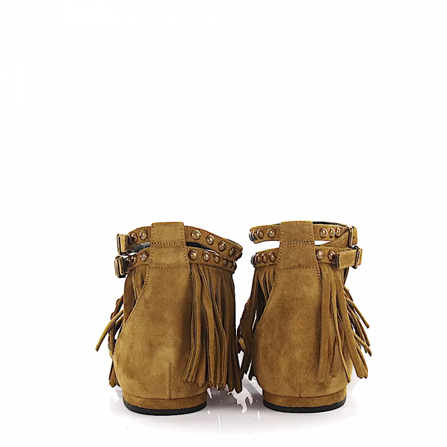 Saint Laurent - Riemchensandalen Veloursleder Fransen Nieten beige - beige