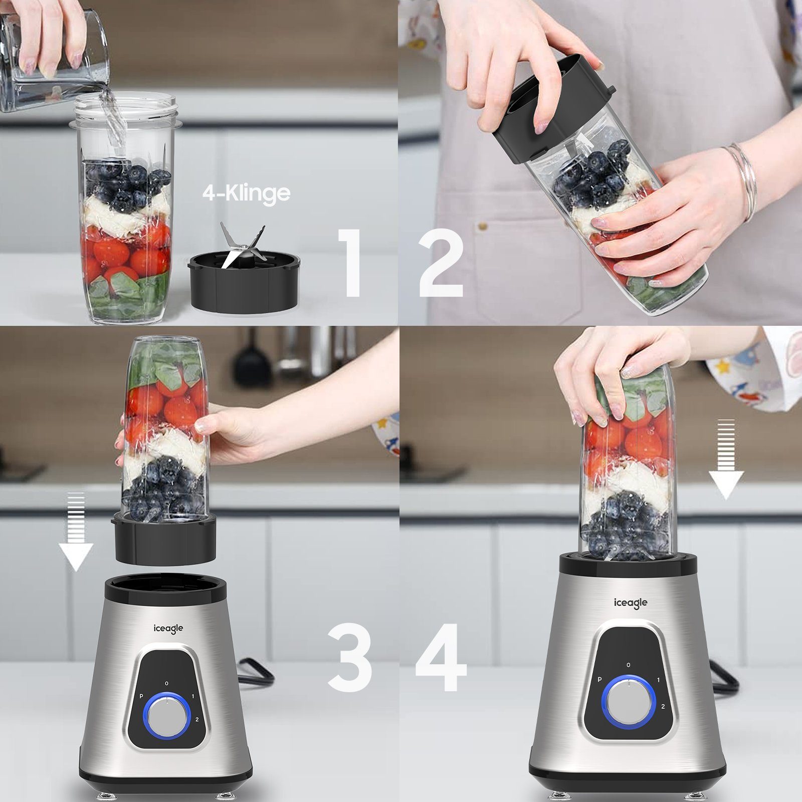 iceagle Standmixer Standmixer 2-in-1 Mixer Smoothie Maker Multifunktion Entsafte Fleisch, 1300,00 W, 2 Ebenen, Edelstahl, 1,5L Glasaufsatz, 0,6L Tragbare Tasse, 6-Kling