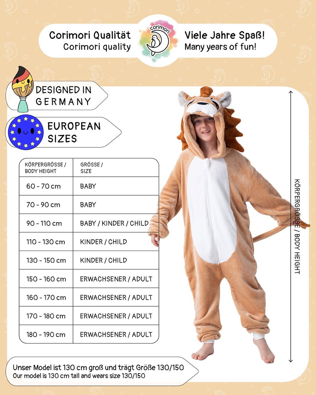 Corimori Jumpsuit Flauschiges Löwen-Kostüm für Kinder (2-tlg) mit Haarreif, Fasching, Mädchen, Jungen, Simba, König der Löwen