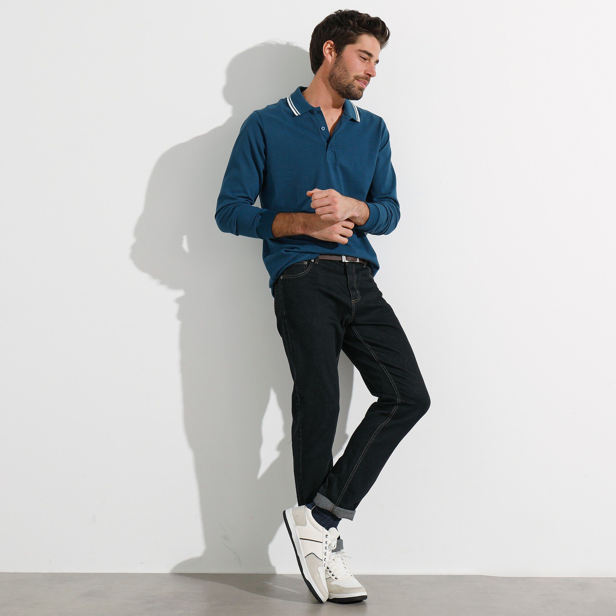Polo uni maille piquée manches longues