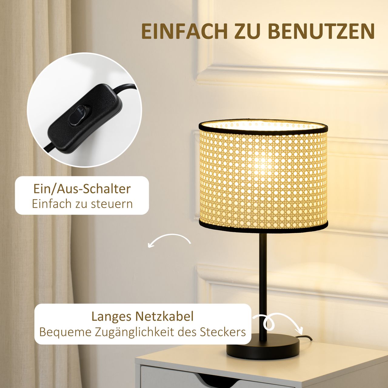 HOMCOM Tischleuchte 40 W Nachttischlampe mit Ratten-Lampenschirm, für Wohnzimmer