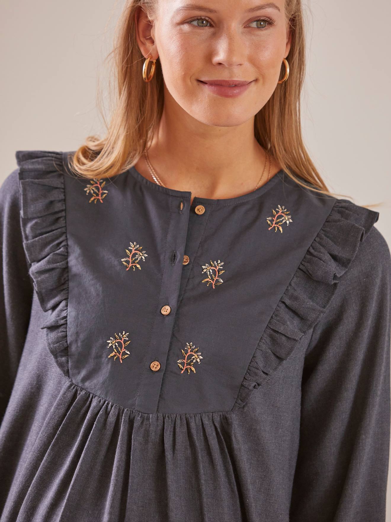 Vertbaudet Flanellkleid mit Stickerei, Schwangerschaft & Stillzeit - schwarz