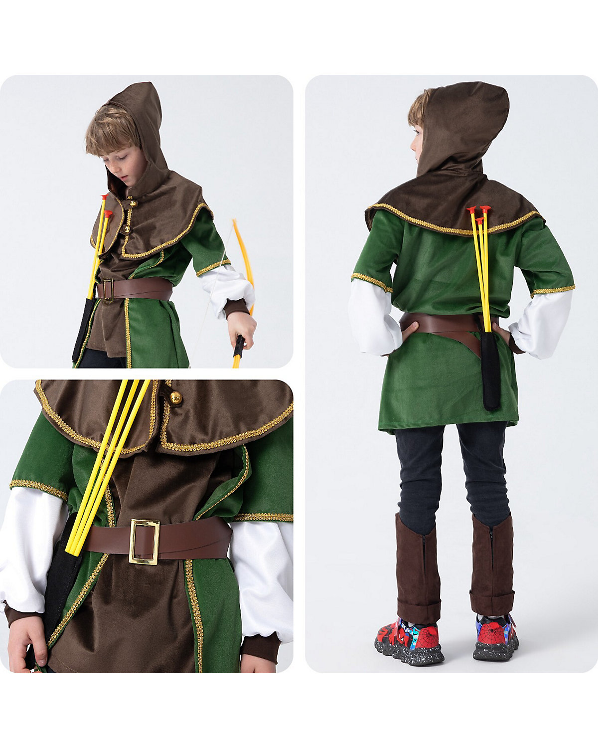 Robin Hood Kostüm Set mit Bogen, Verkleidung für Kinder zu Fasching, cooles Karnevalskostüm, braun/grün