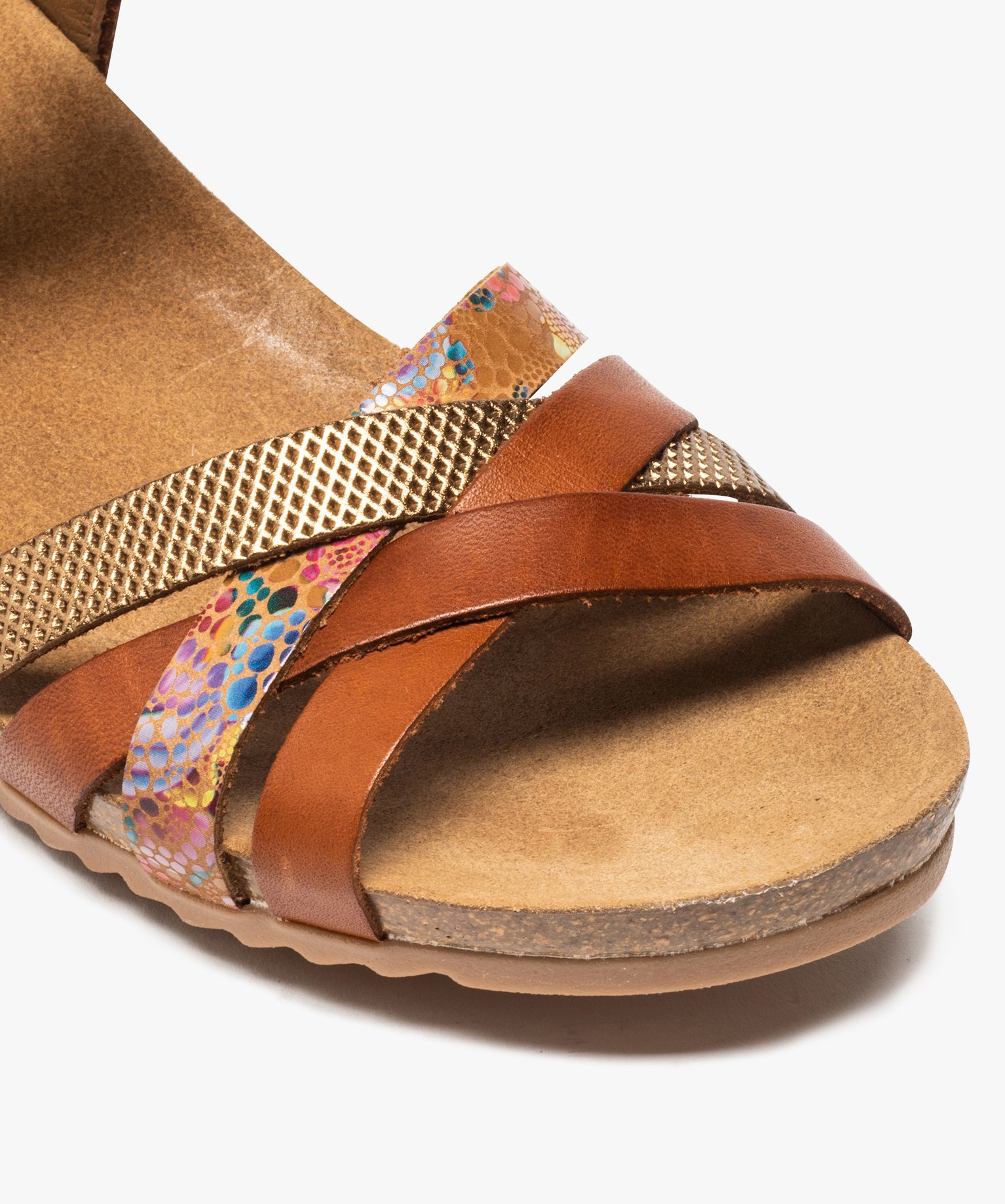 Sandales femme confort dessus cuir avec brides scratch camel | GEMO