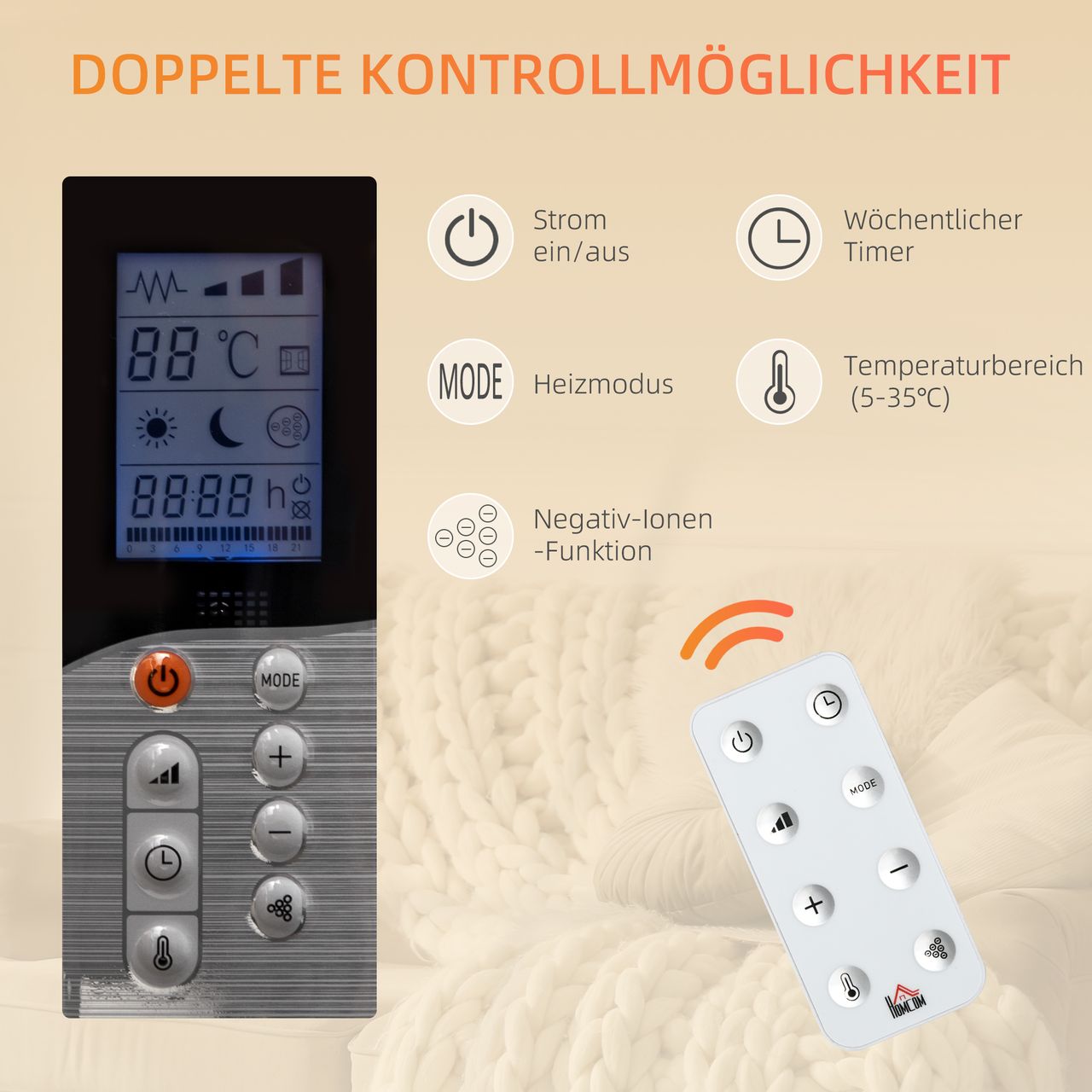 HOMCOM 4 Modi Heizlüfter Elektroheizung mit LCD-Display 2000W Heizkörper 2 Heizstufen mit Luftheizung mit Fernbedienung Überhitzung & Umkippen Schutz für 15 m² Räume Weiß 75 x 7,5 x 58,5cm