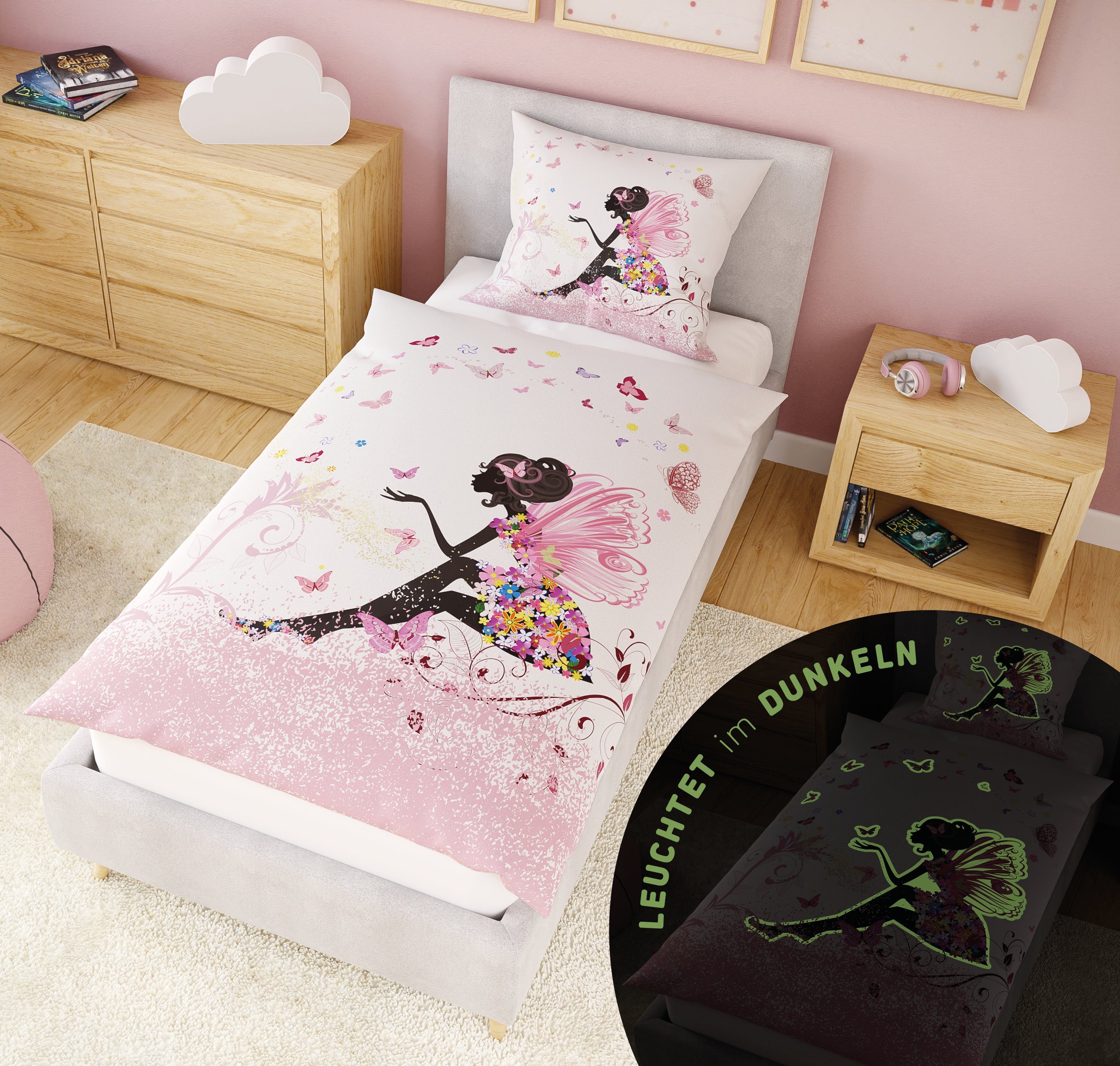 Kinderbettwäsche Leuchtende Bettwäsche 135x200 Rosa Bettbezug Mädchen Fee + 10 SPIELE, Carpe Sonno, Baumwolle, 2 teilig, GLOW IN THE DARK Elfe Kinder Bettwäsche Schmetterling