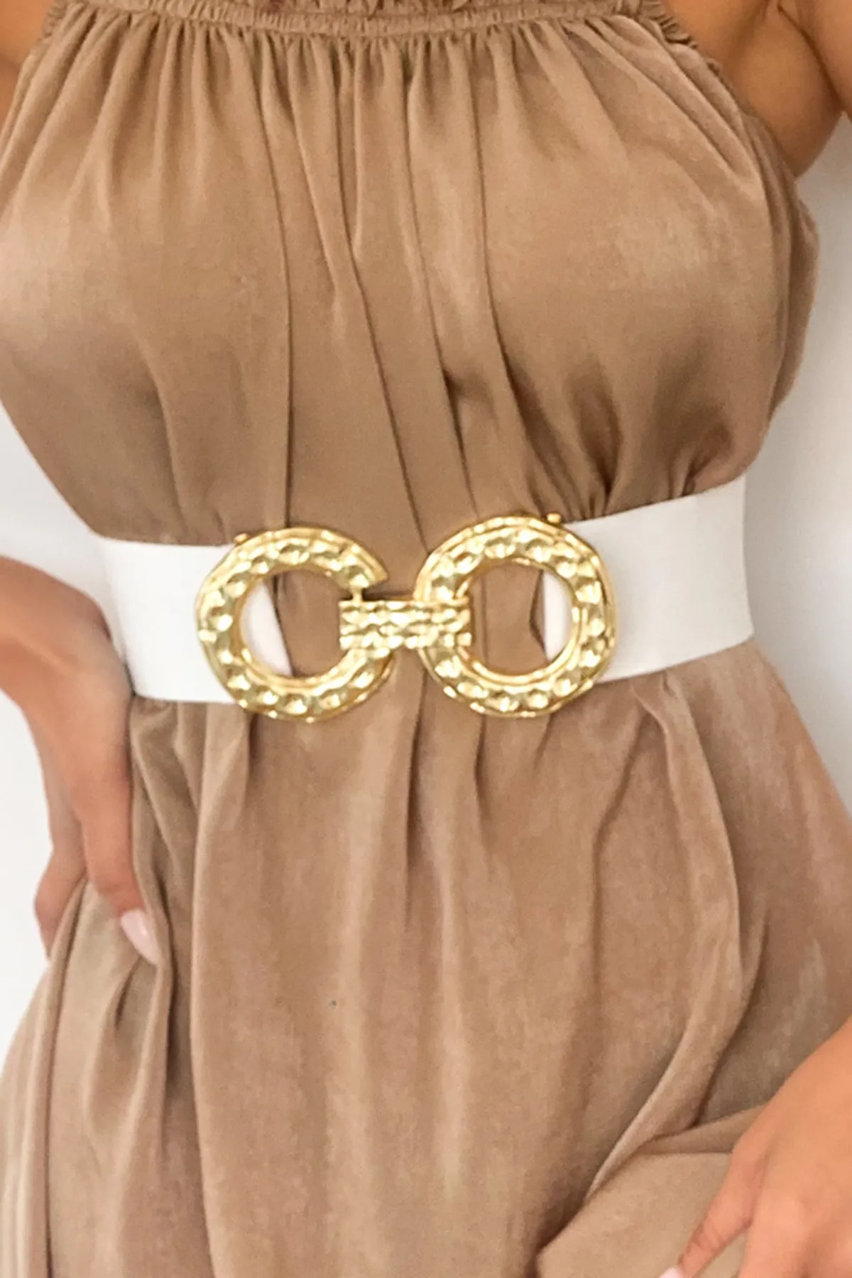 Cool & Sexy  Weißer, runder, elastischer Damengürtel mit Golddetails BE643
