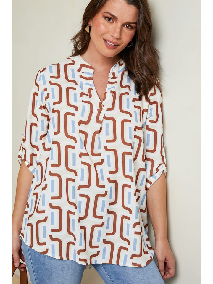 Curvy Lady Bluse in Weiß/ Braun/ Hellblau günstig kaufen