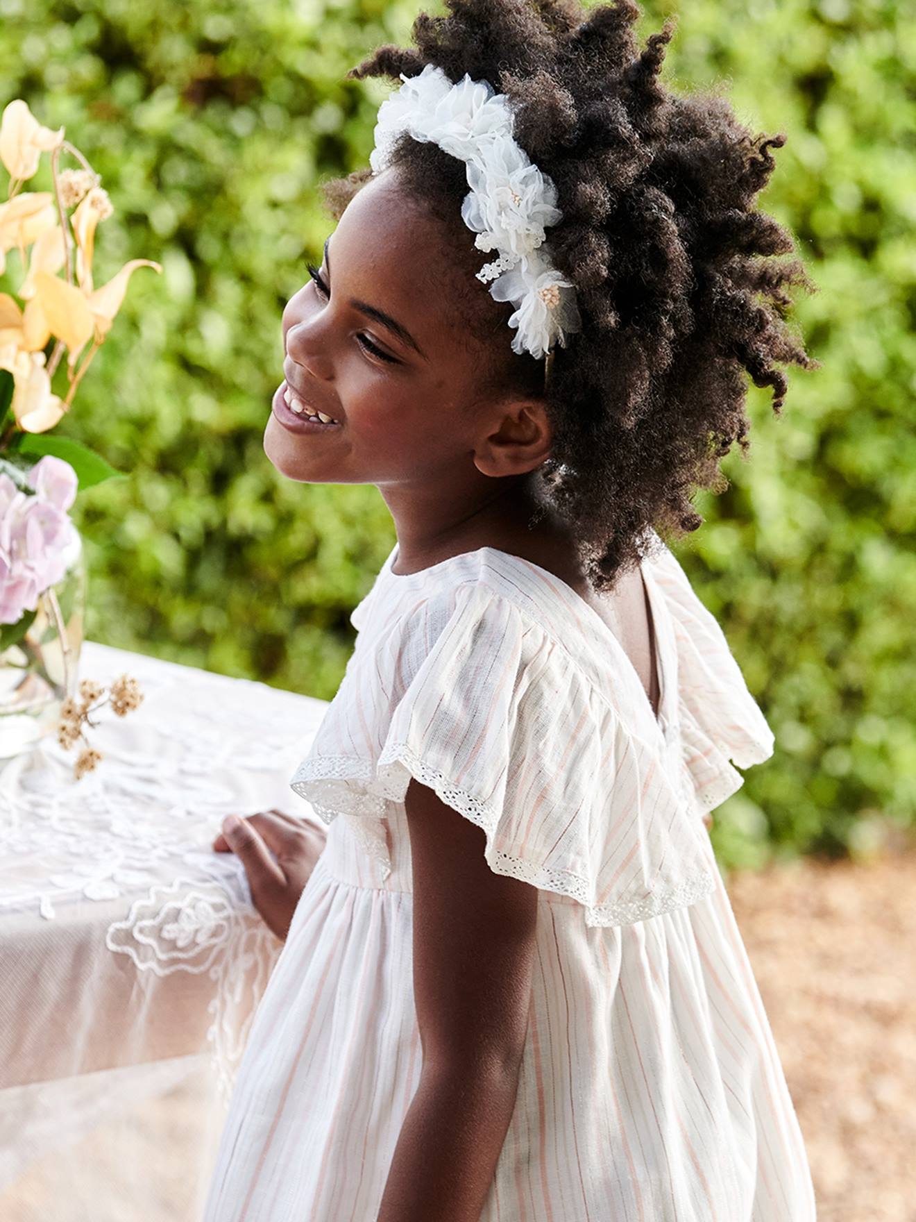 Robe cérémonie rayée fil brillant fille écru