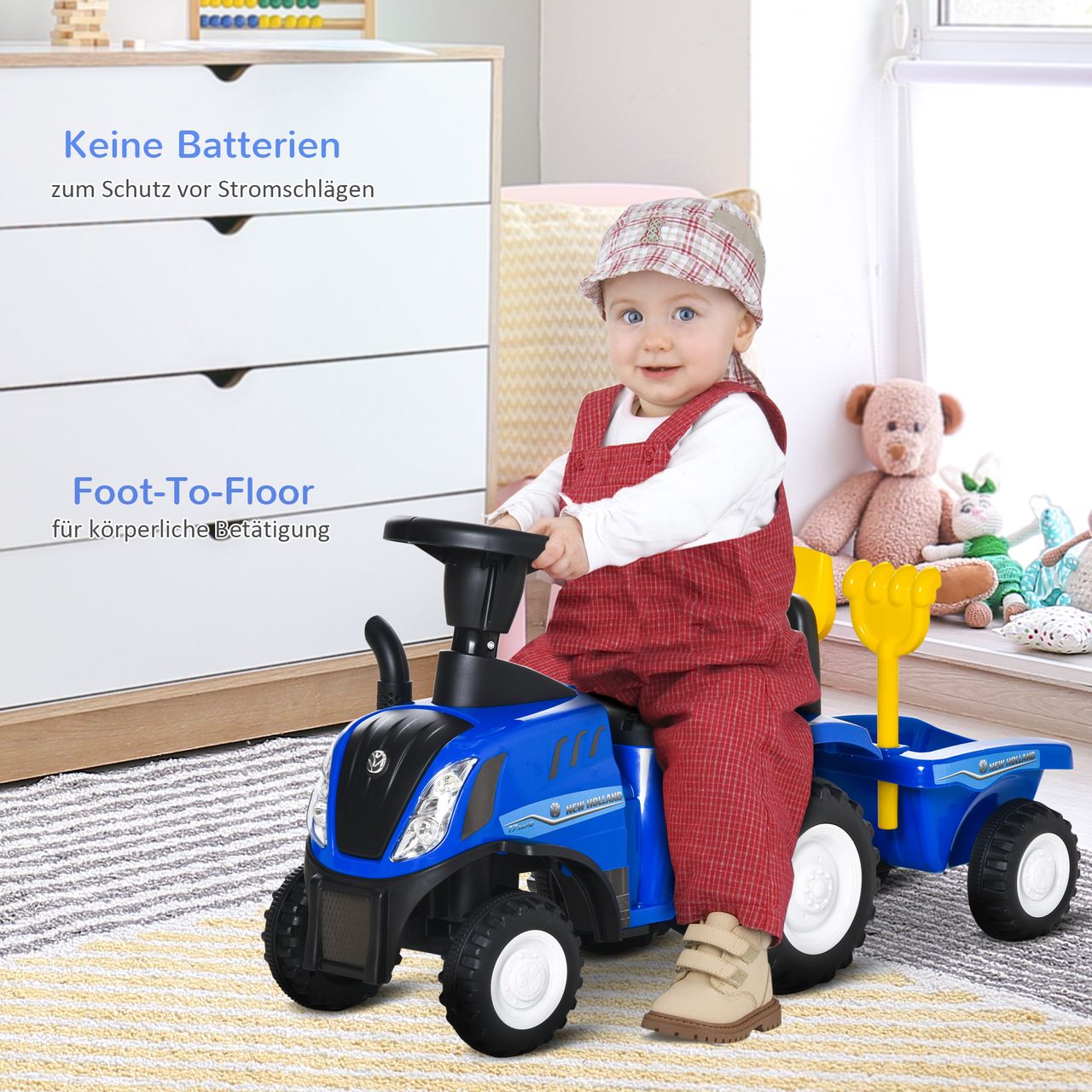 HOMCOM Rutschauto Kindertraktor Tretauto mit Anhänger Hupe Scheinwerfer Blau