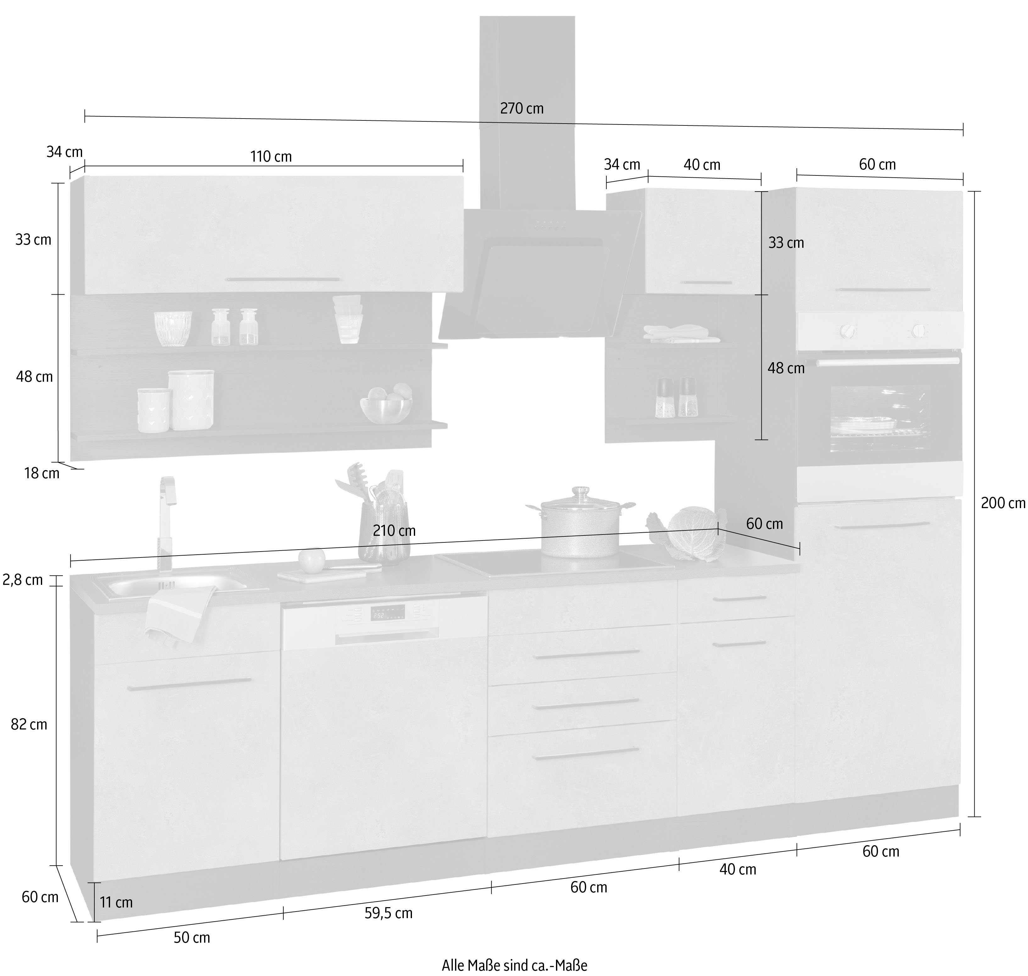 HELD MÖBEL Küchenzeile Tulsa, mit E-Geräten, Breite 270 cm, schwarze Metallgriffe, MDF Fronten