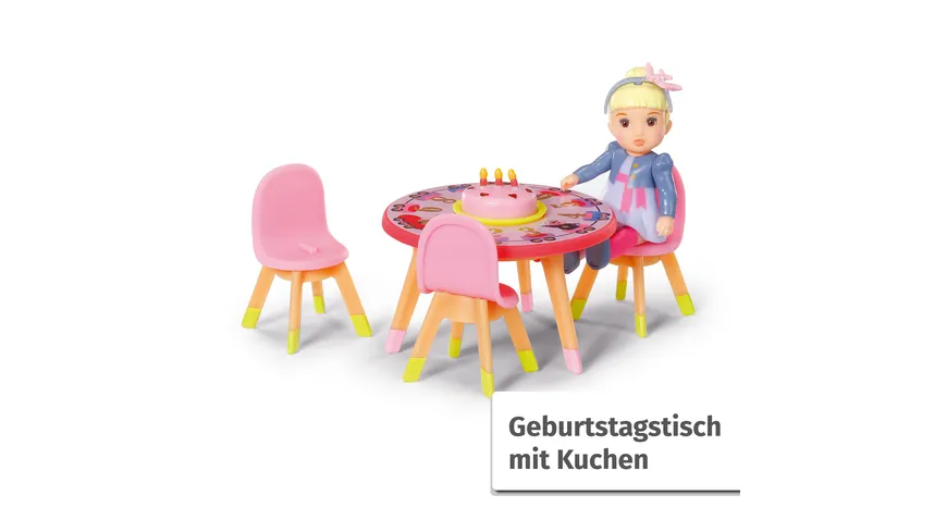 BABY born Minis - Playset Happy Birthday, 7 cm große Puppe Lea mit Tisch, Kuchen, Torte und Stühlen