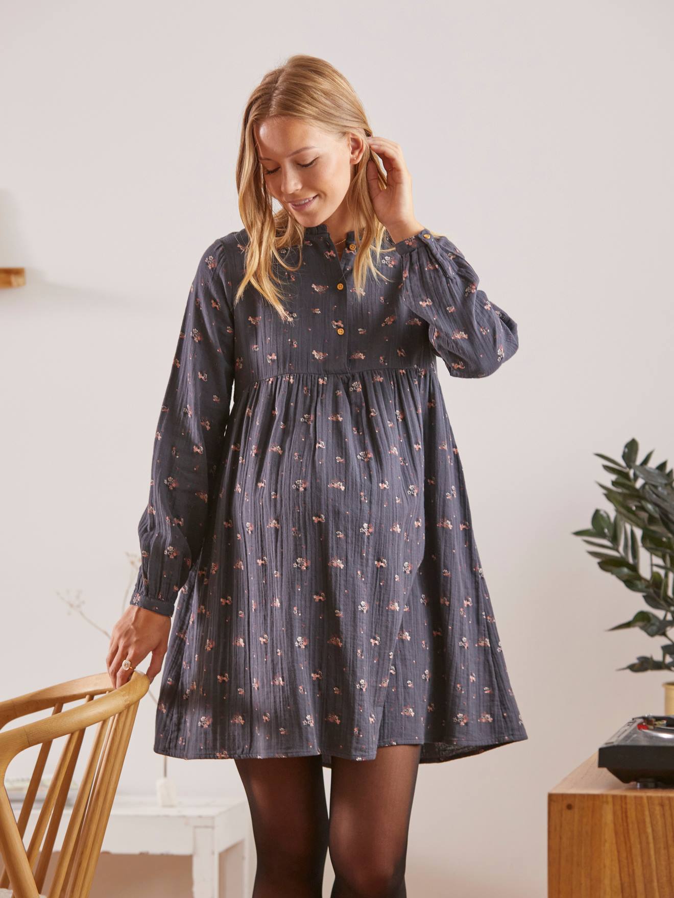 Robe imprimée gaze de coton grossesse et allaitement noir à pois