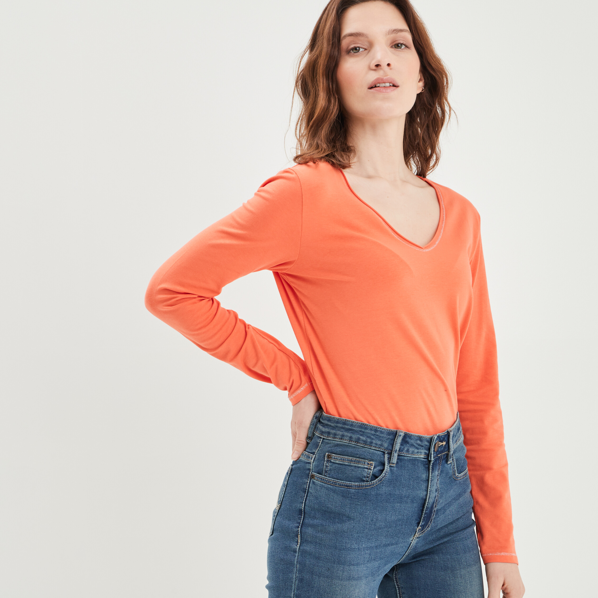 T-shirt manches longues orange corail femme | La Halle