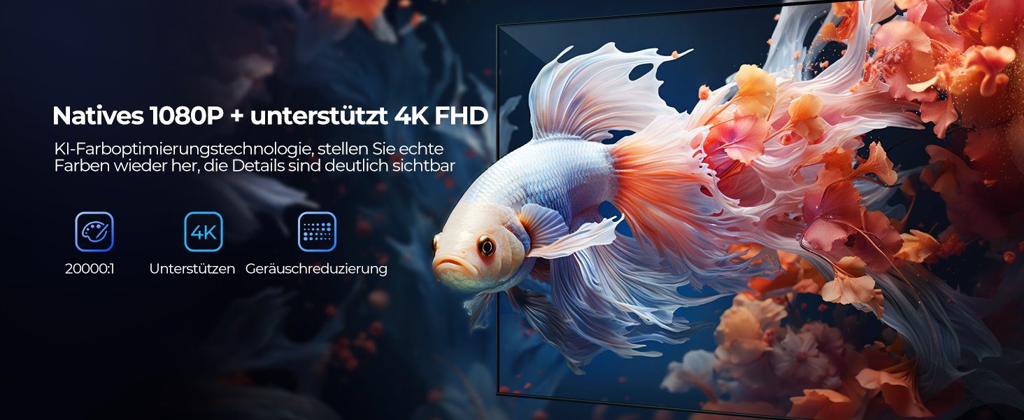 TOPTRO 1080P 4K Unterstützt, 600 ANSI Portabler Projektor (15000 lm, 20000:1, 1920x1080 px, Flexible Aufstellung für ein beeindruckendes audiovisuelles Erlebnis)