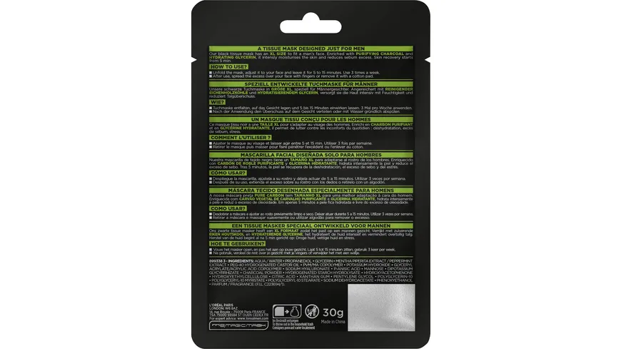 L'Oréal Men Expert Pure Charcoal Tuchmaske Sachet