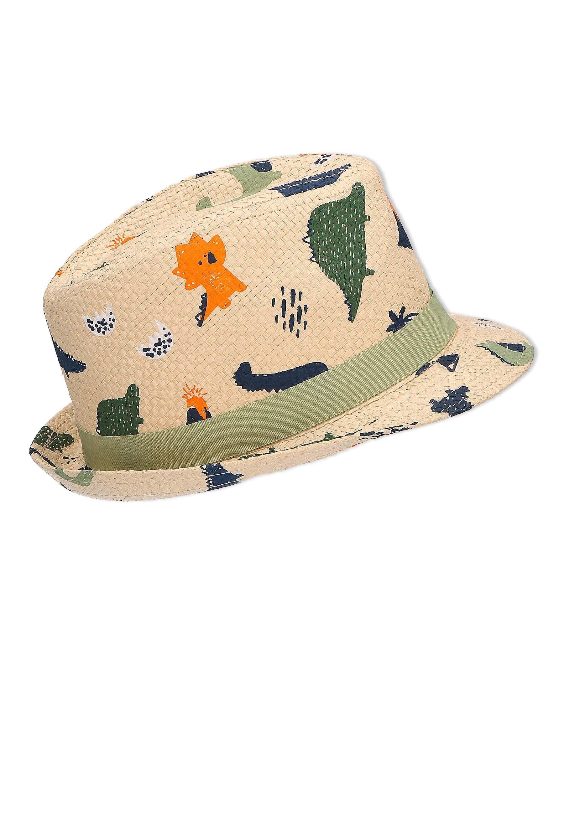 Strohhut bedruckt mit bunten Dinos, Farbe sand