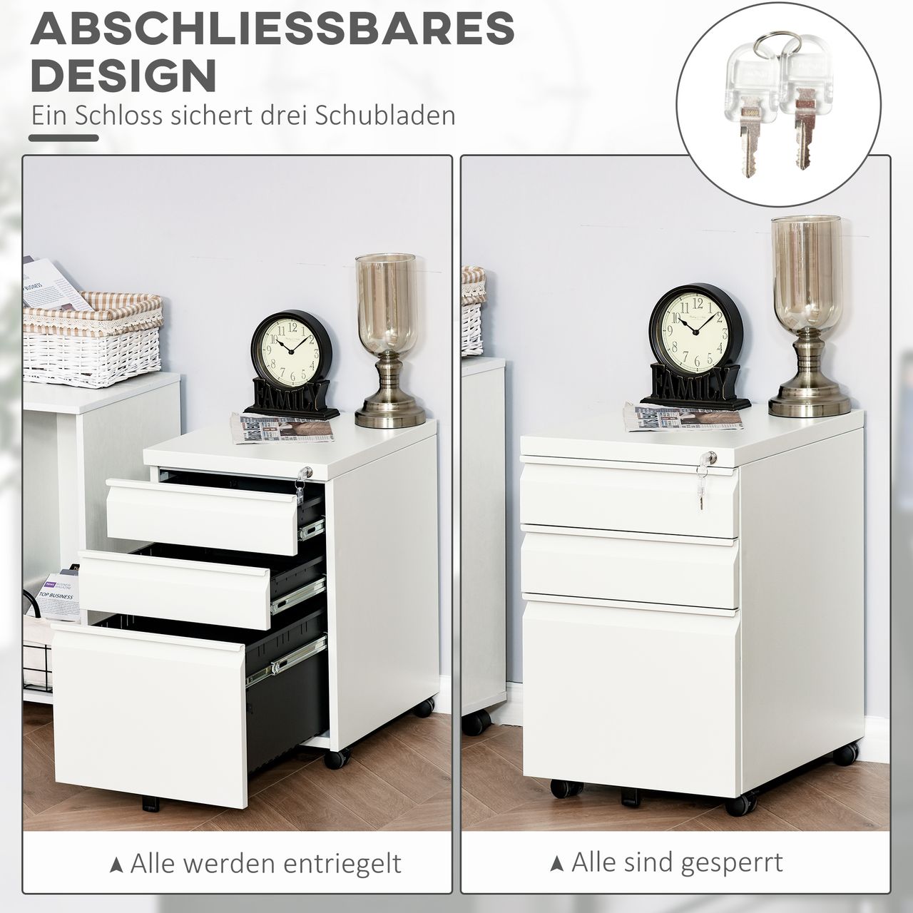Vinsetto Rollcontainer mit 3 Schubladen Stahl Weiß