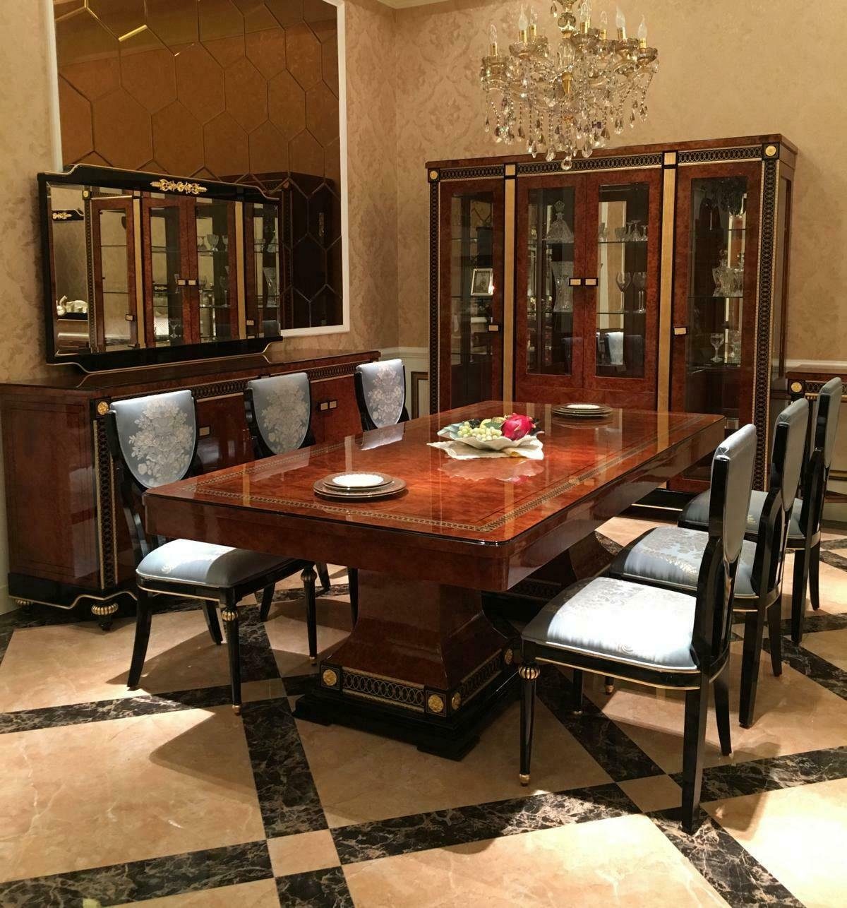 JVmoebel Esszimmer-Set, 10tlg. Esszimmer Set Garnitur Vitrine Tisch 6x Stuhl Kommode Spiegel
