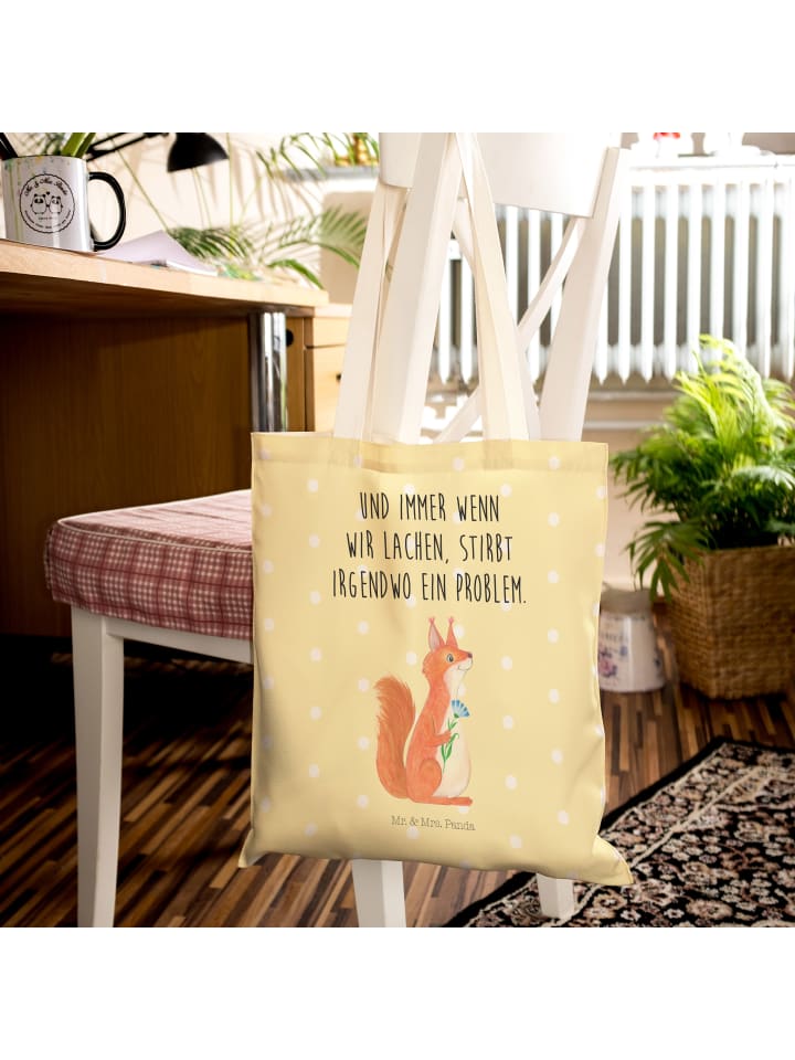 Mr. & Mrs. Panda Einkaufstasche Eichhörnchen Blume mit Spruch in Gelb Pastell günstig kaufen onesize