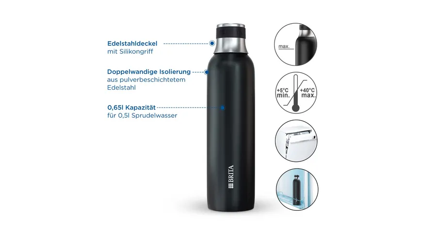 BRITA sodaTRIO Edelstahlflasche klein schwarz 0,6l