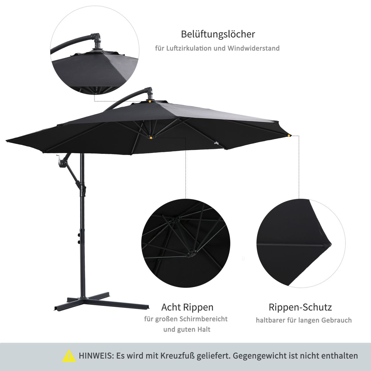 Outsunny Sonnenschirm mit Handkurbel Schwarz Ø3 x 2,5H m