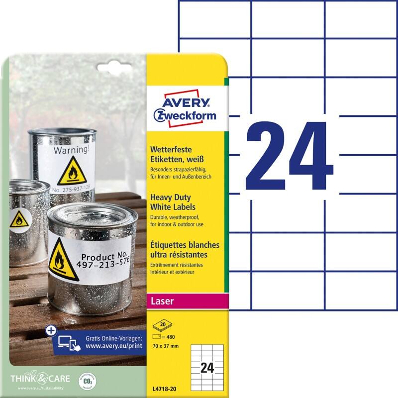 AVERY Zweckform Wetterfeste Etiketten L4718-20 Selbsthaftend DIN A4 Weiß 70 x 37 mm 20 Blatt à 24 Etiketten