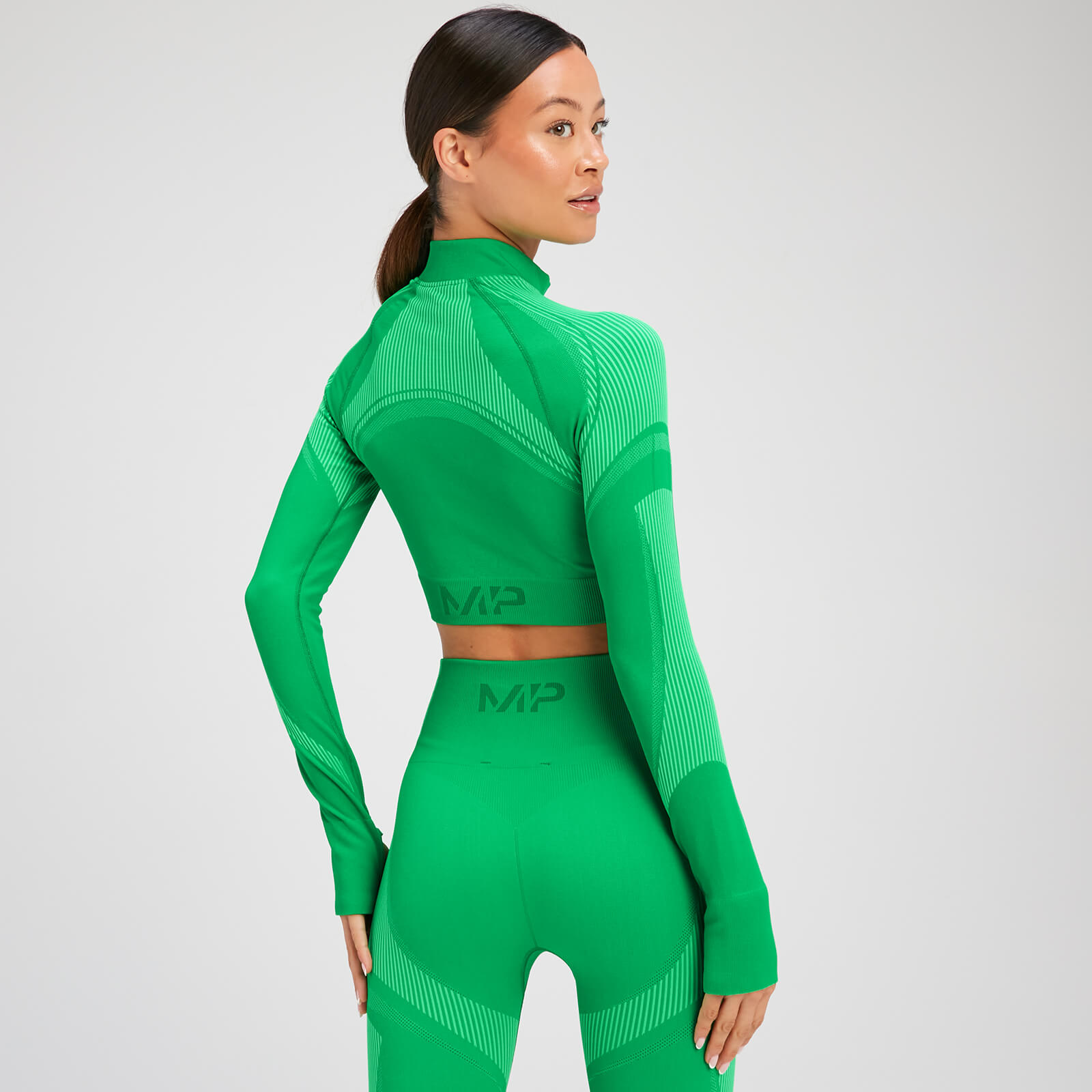 Crop top sans coutures à manches longues et à fermeture éclair ¼ MP Tempo Ultra pour femmes – Vert vif