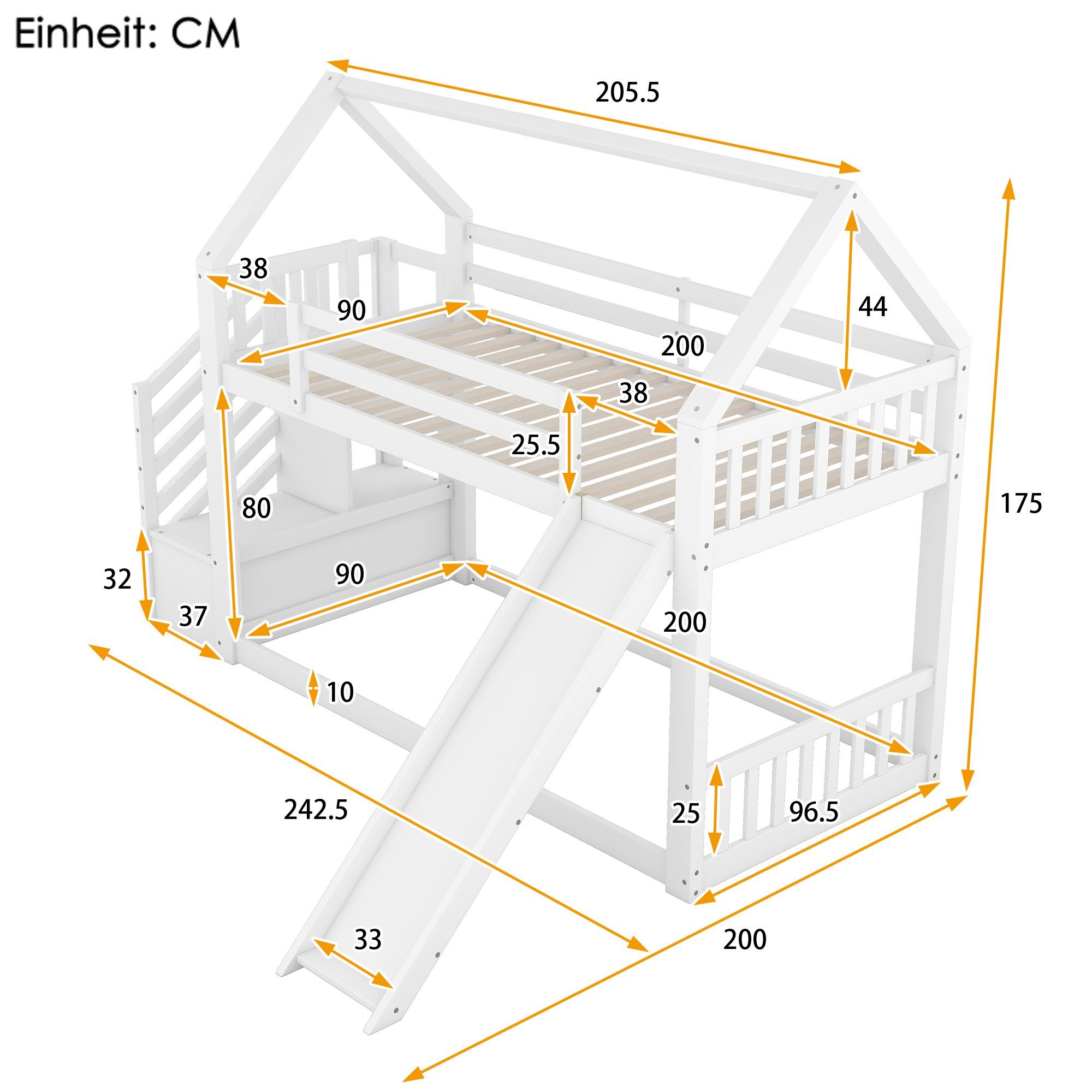 OKWISH Bett Etagenbett, Kinderbett, Hausbett 90x200cm (mit Stauraumtreppe und Rutsche, mit Geländer), geeignet für Kinder, Jugendliche, Ohne Matratze