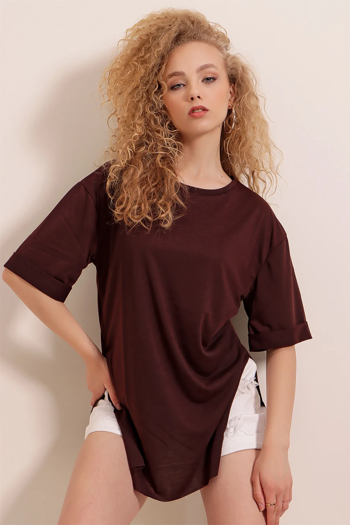Bigdart  4123 Geschlitztes Oversize-T-Shirt – Braun