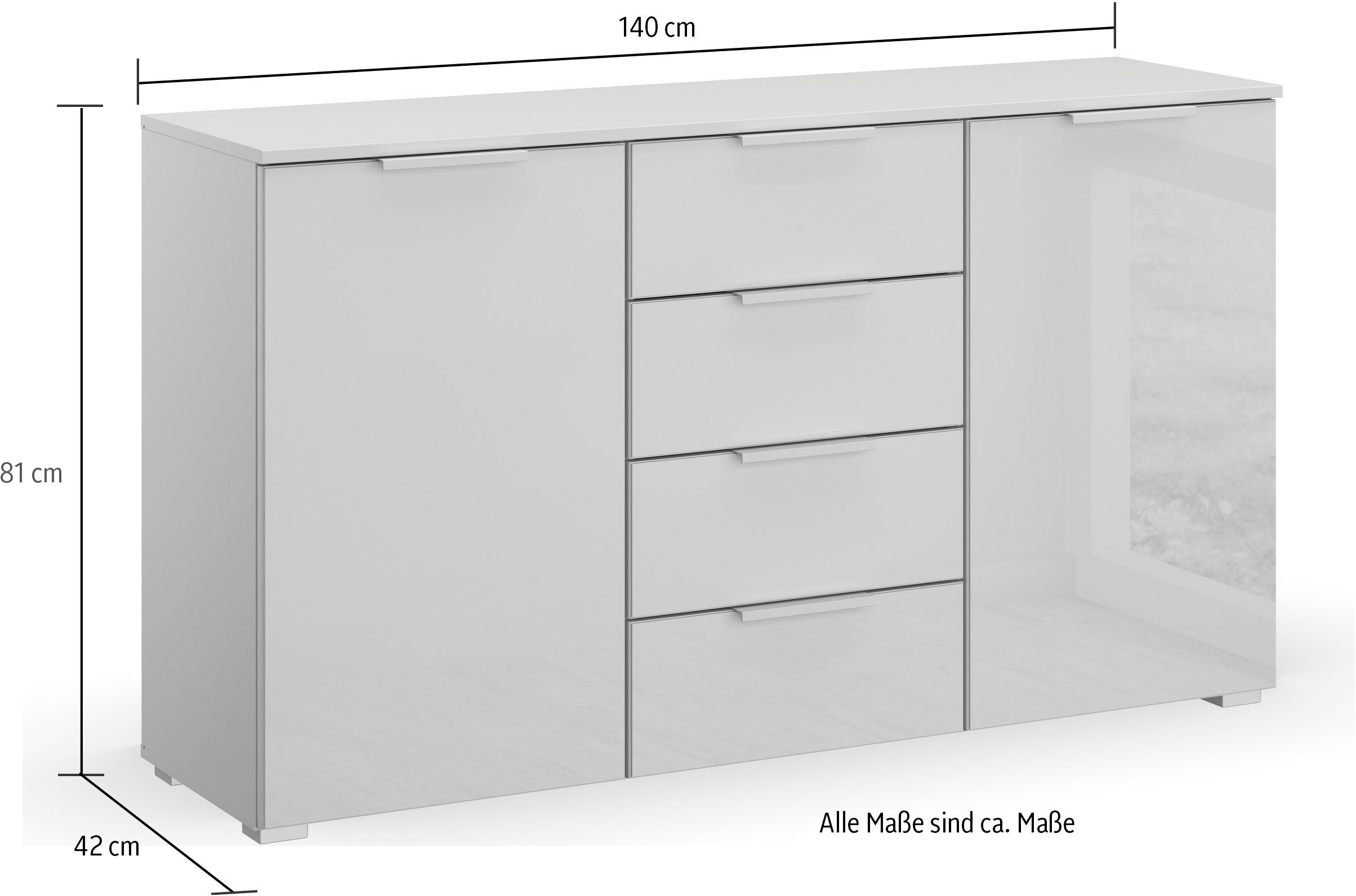 rauch Kommode Koluna, mit Glasfront, 4 Schubkästen, inkl. 3er-Set Filzboxen