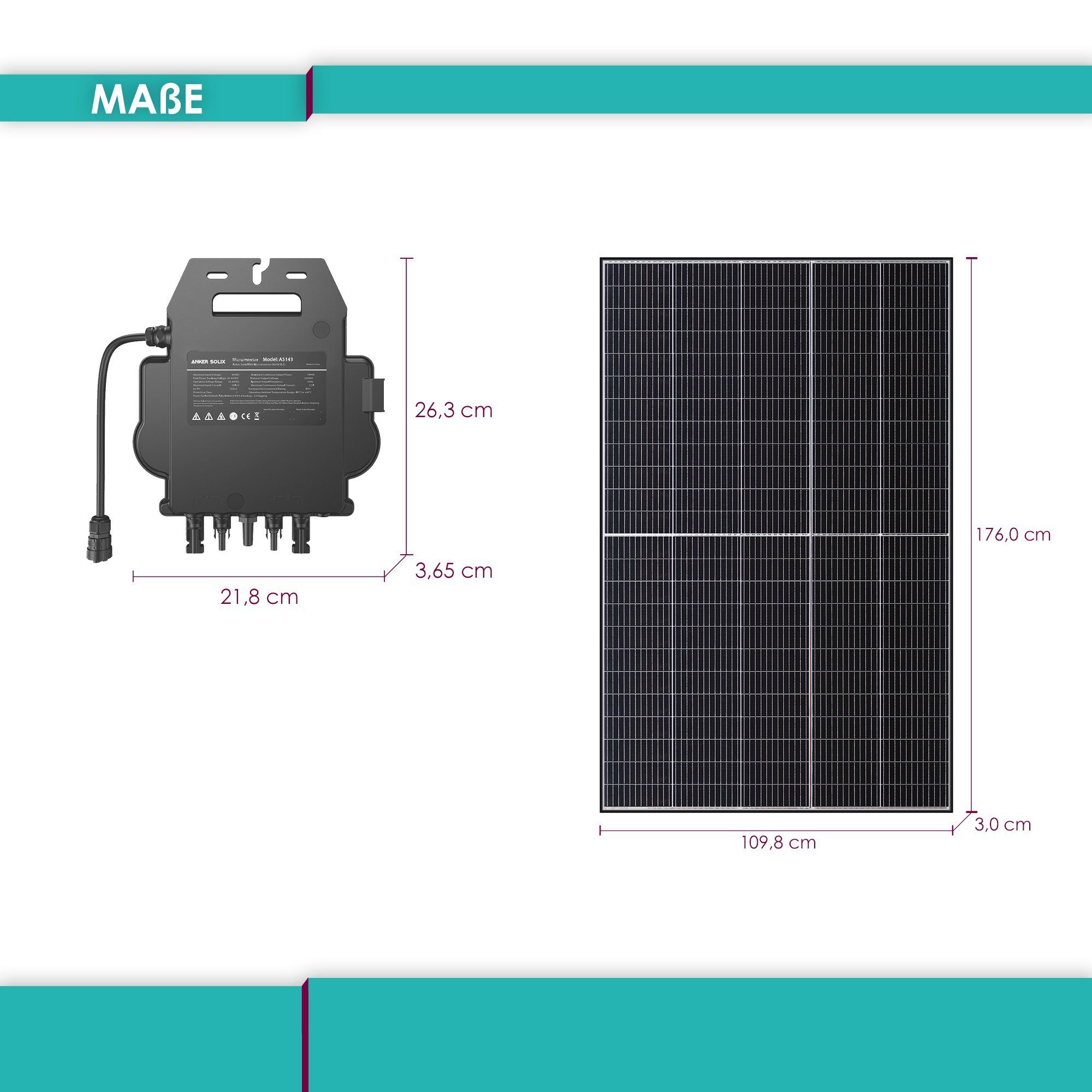 VALE Solaranlage Balkonkraftwerk 820W, (2 x 410W Bifaziale Black Frame Glas-Glas Maysun MS410MDG-40H TwiSun Module, Anker MI80 800W Wechselrichter, 4 x 1,5m MC4 Kabel, 5m Anschlusskabel)