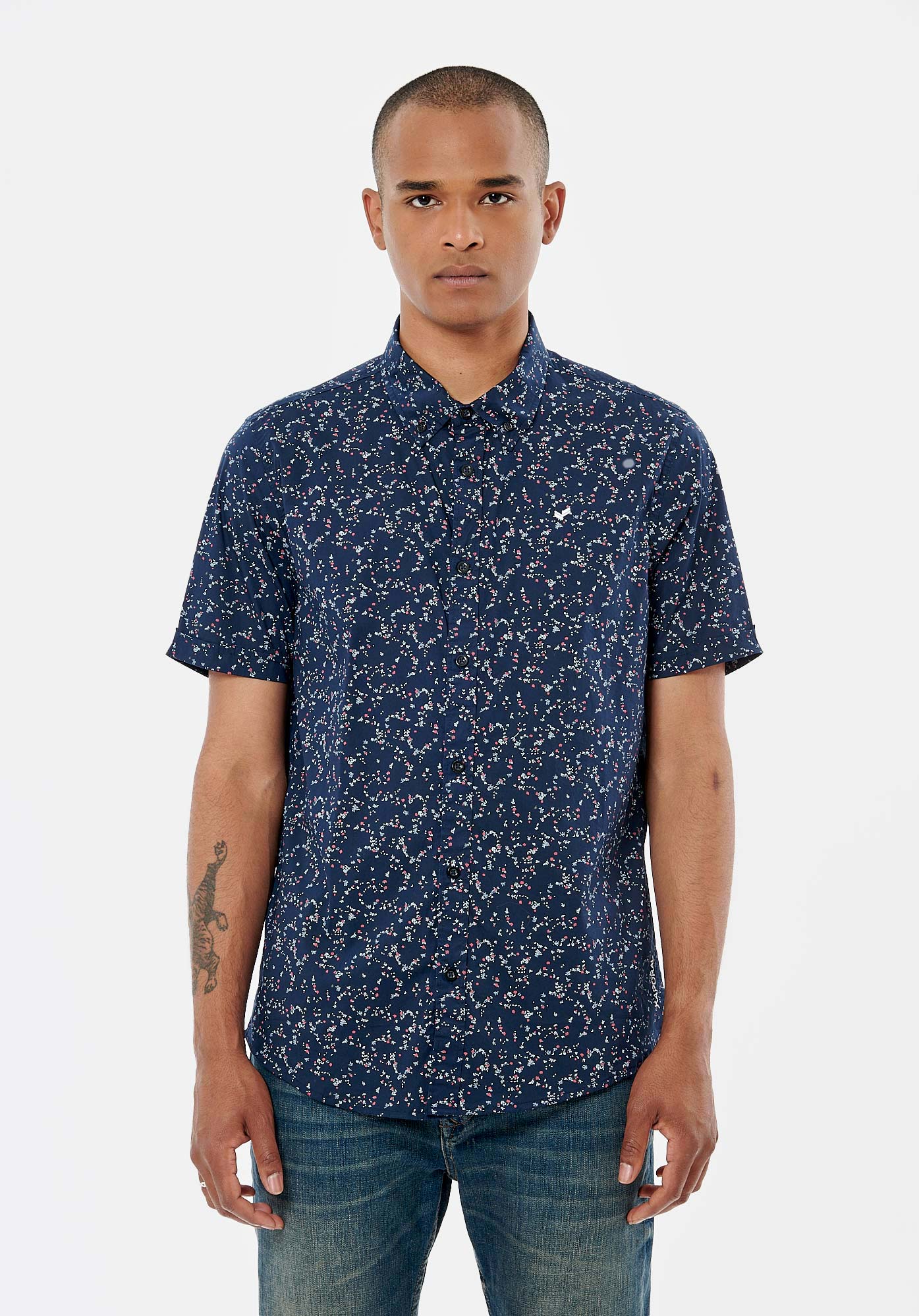 COONE  Chemise bleue marine fleurie homme