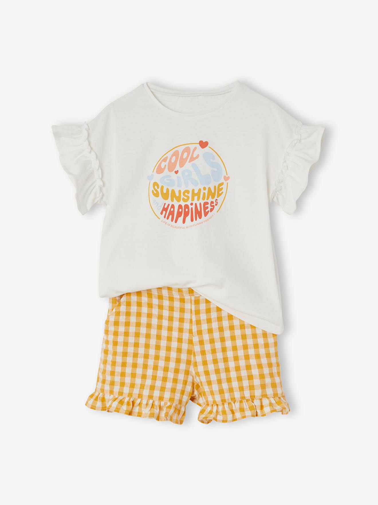 Vertbaudet Mädchen-Set: T-Shirt & Shorts mit Karomuster - wollweiß