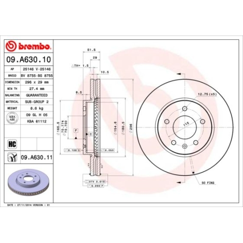 09.A630.11 BREMSSCHEIBE BREMBO VA  VP2 - ATU