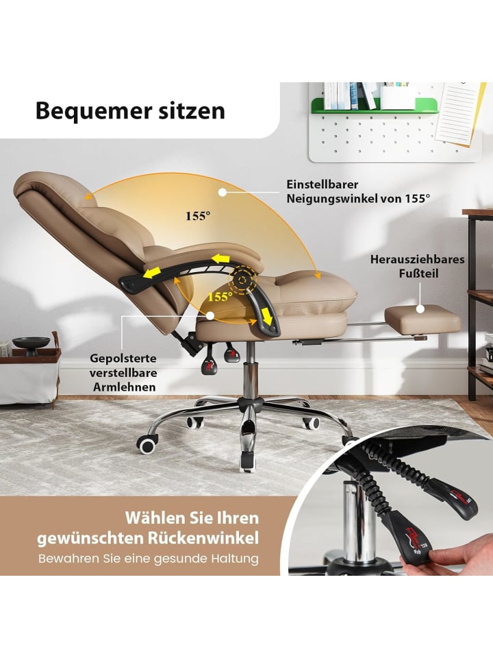 COSTWAY Ergonomischer Bürostuhl mit Fußstütze in Khaki günstig kaufen onesize
