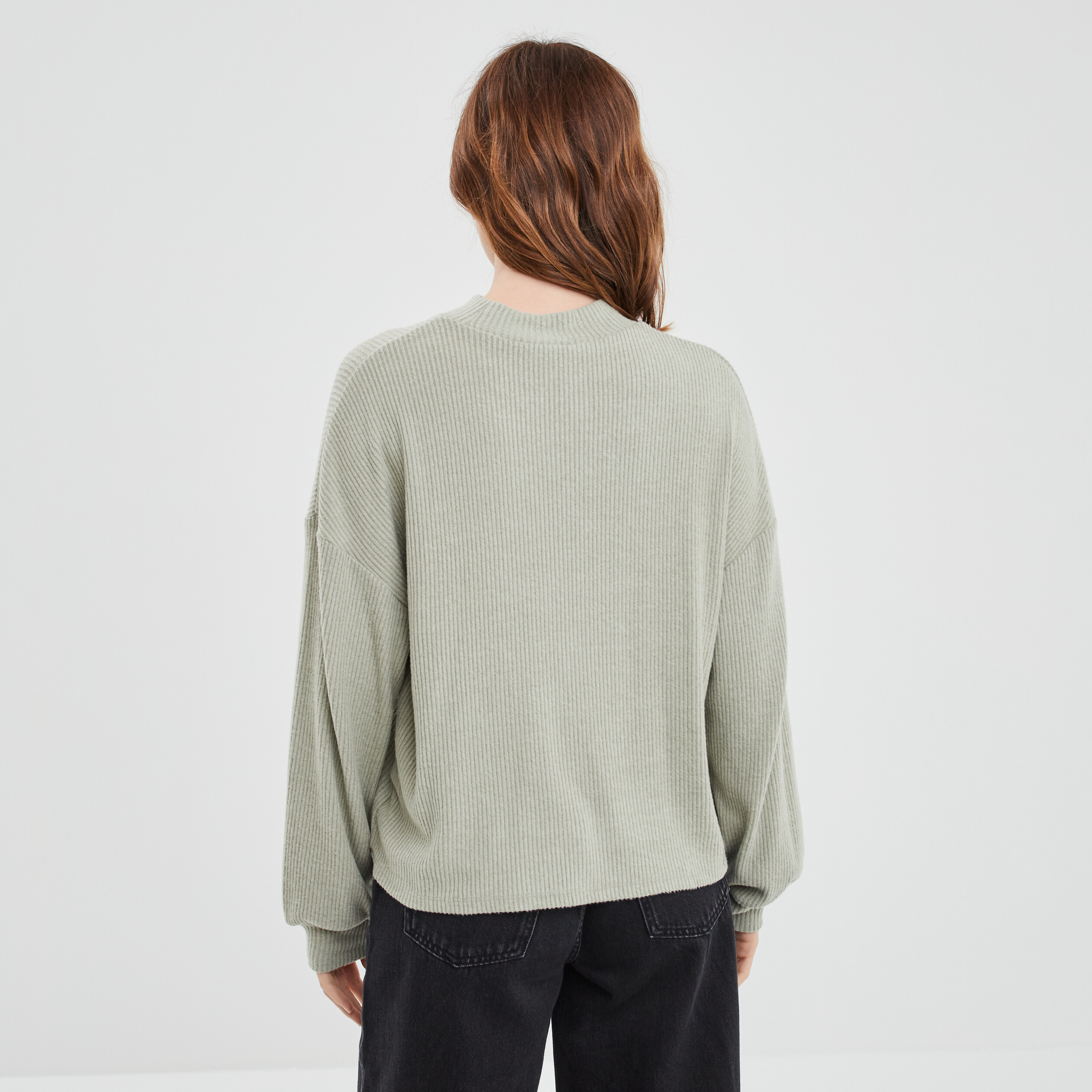 T-shirt manches bouffantes côtelé vert kaki femme | La Halle