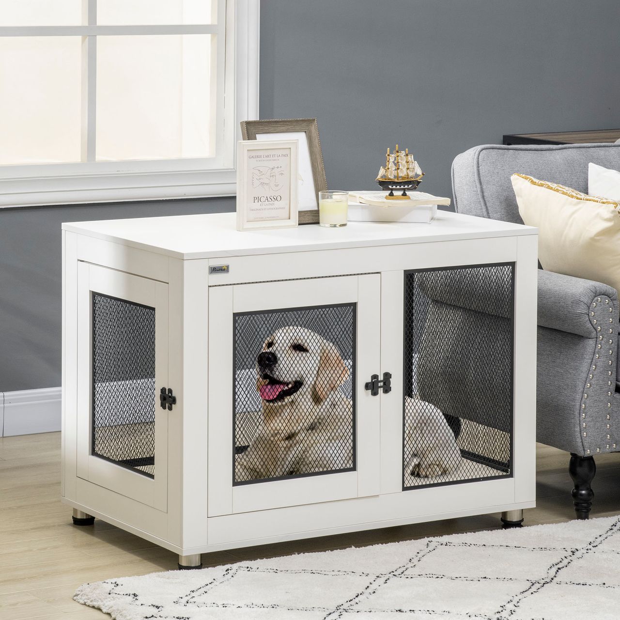 PawHut Hundekäfig, Haustierkäfig mit Kissen, Hundehaus, Hundehütte, Weiß
