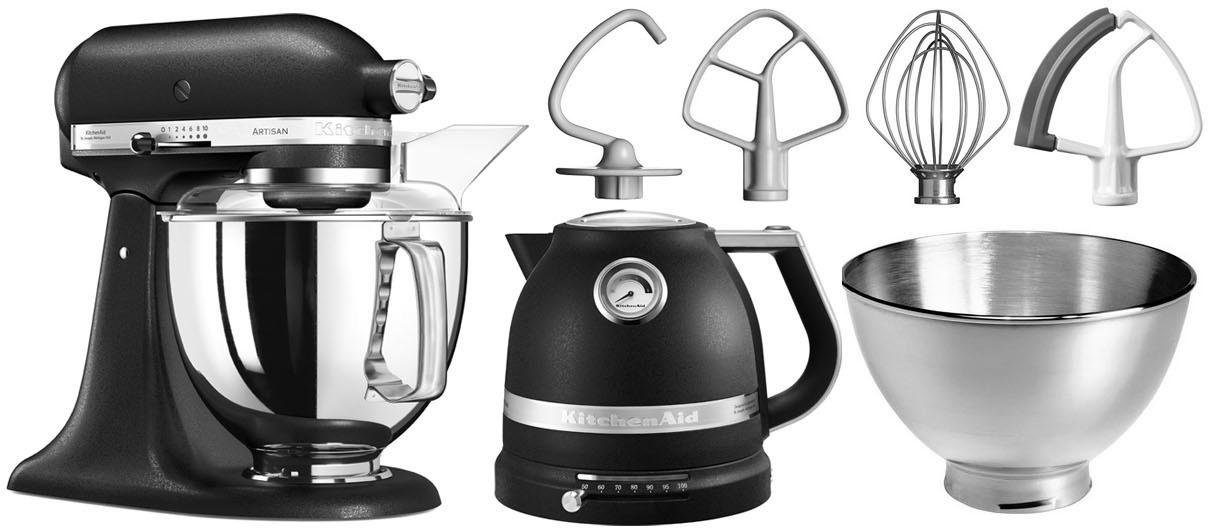 KitchenAid Küchenmaschine 5KSM175PSEBK GUSSEISEN SCHWARZ, 300 W, 4,8 l Schüssel, Gratis Wasserkocher, 2. Schüssel, Flexirührer (Wert ca. 347,-UVP)