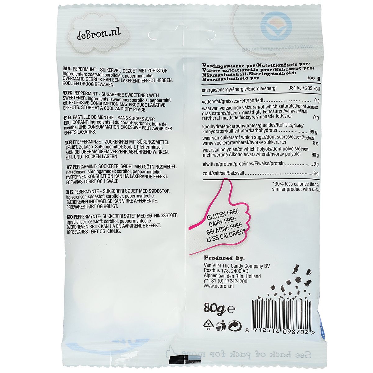 de Bron Peppermint sugarfree 80g