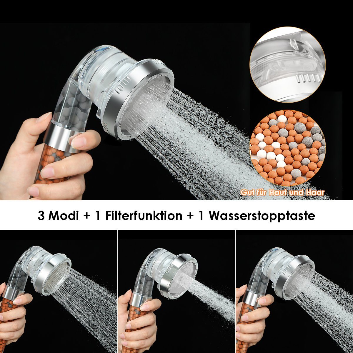 iscooter Handbrause Duschkopf Wassersparend, mit 3 Strahlarten, mit 3-Lagen-Filtration, (Set), mit Öko Ionen Filter Mineralsteinen, Druckerhöhend, Schlauch 1,5M