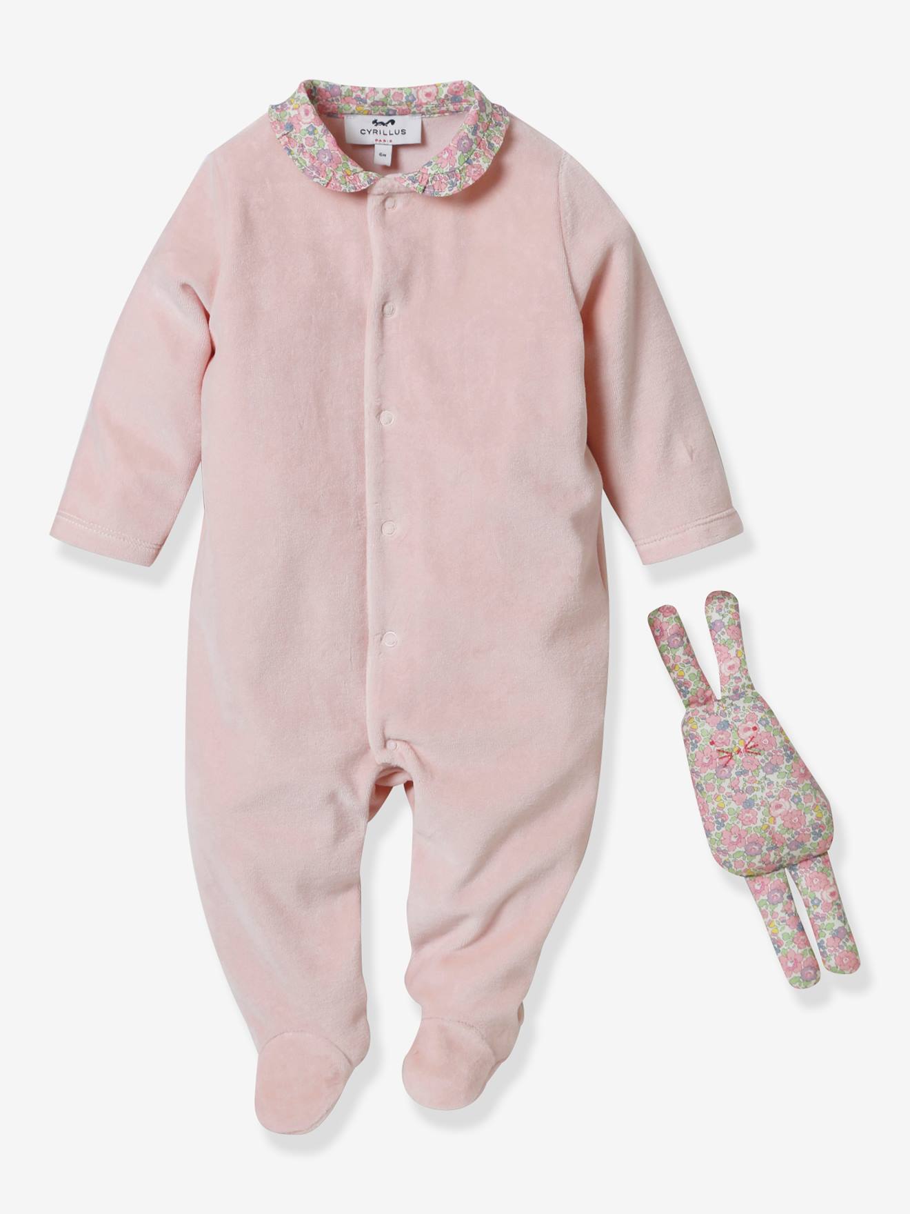 Coffret cadeau bébé : dors-bien en velours et tissu Liberty + doudou en tissu Liberty CYRILLUS rose
