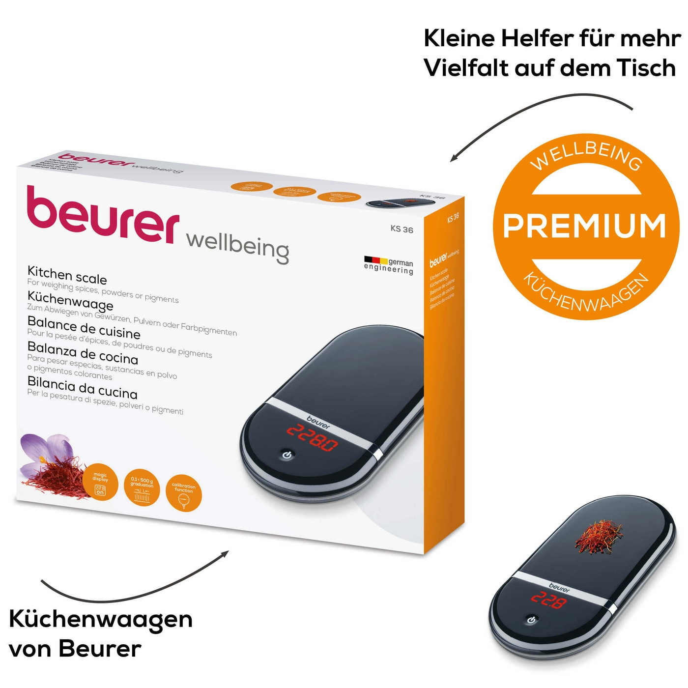Beurer Präzisionsküchenwaage KS 36-Flache Feinwaage für die Küche mit Kalibrierfunktion & Magic-Display