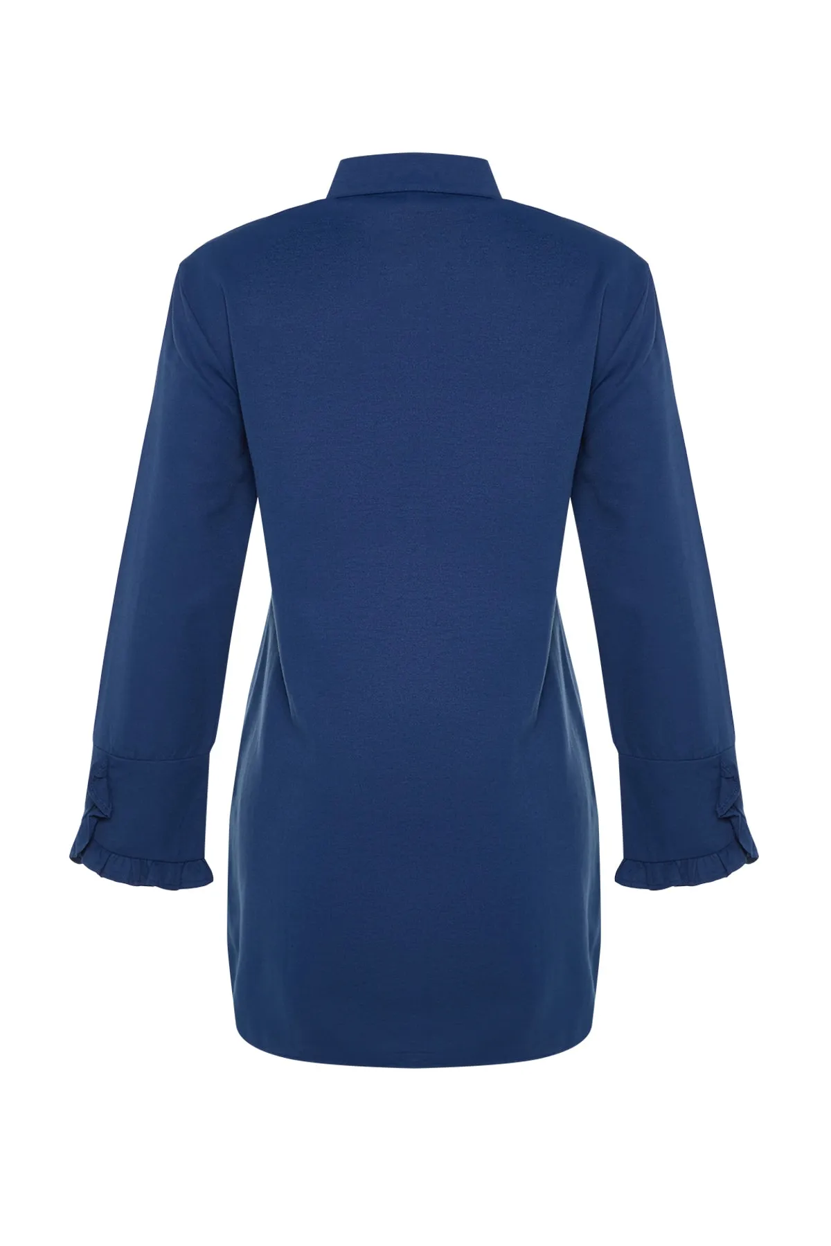 Trendyol Modest  Indigoblaues Hemd aus gewebter Baumwolle mit Rüschen im Denim-Look TCTSS23TG00042