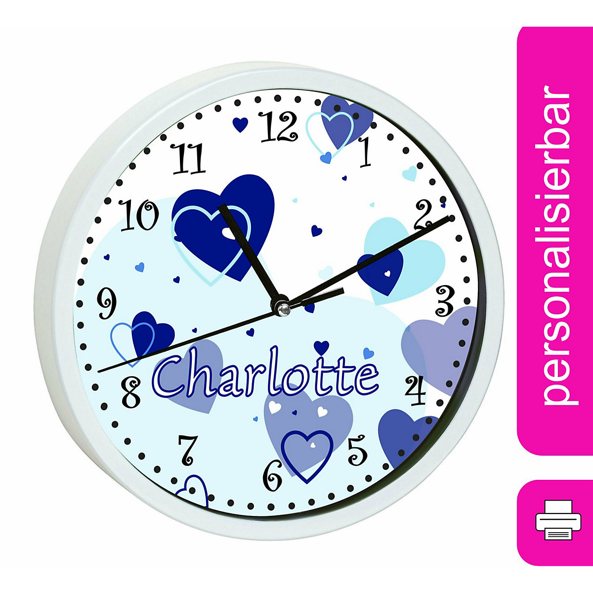 Kinder Wanduhr personalisiert mit Name Herz Blau