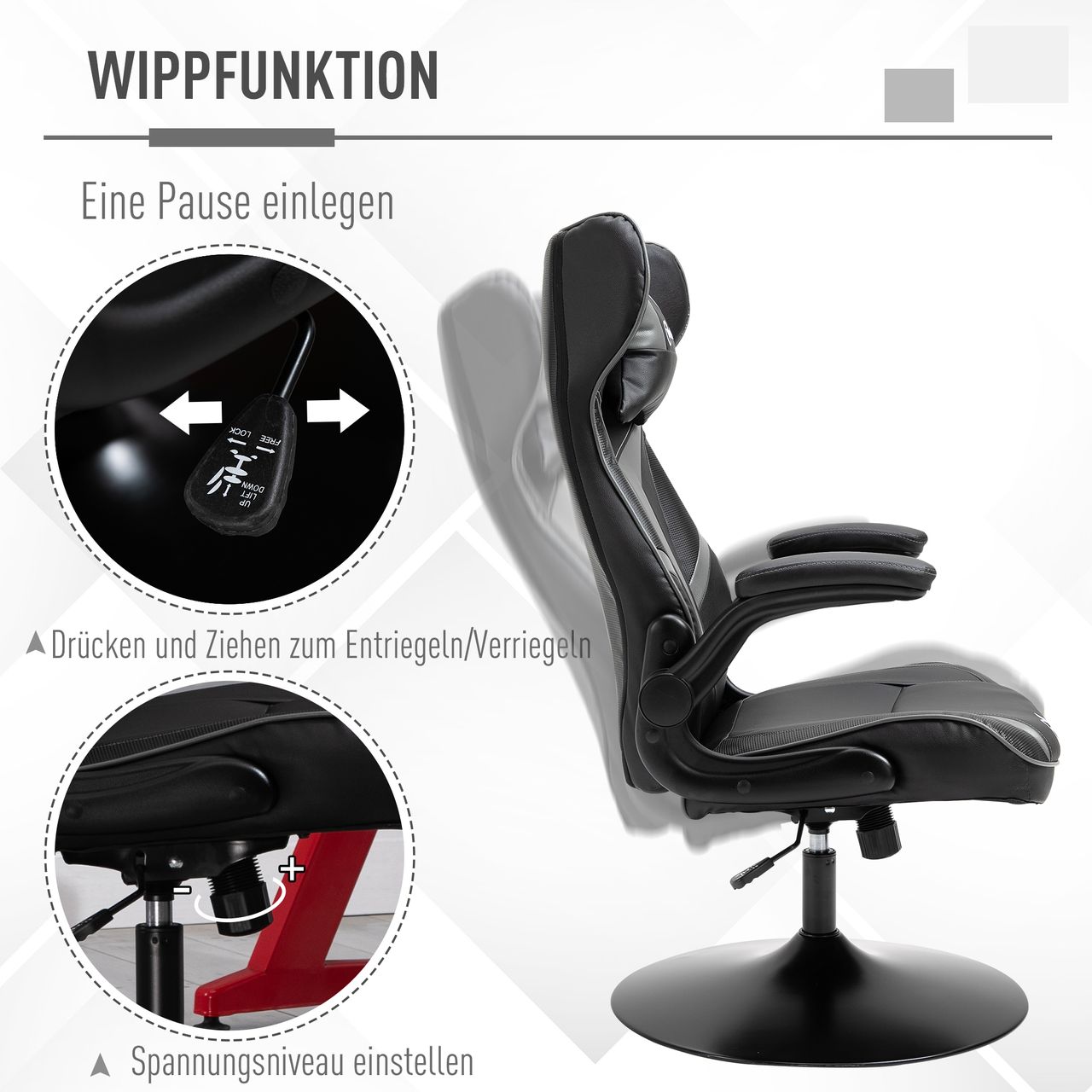 Vinsetto Gaming Stuhl Ergonomischer Computerstuhl mit Wippenfunktion Drehstuhl höhenverstellbar Stahl Schwarz Grau 67 x 75 x 106-112 cm