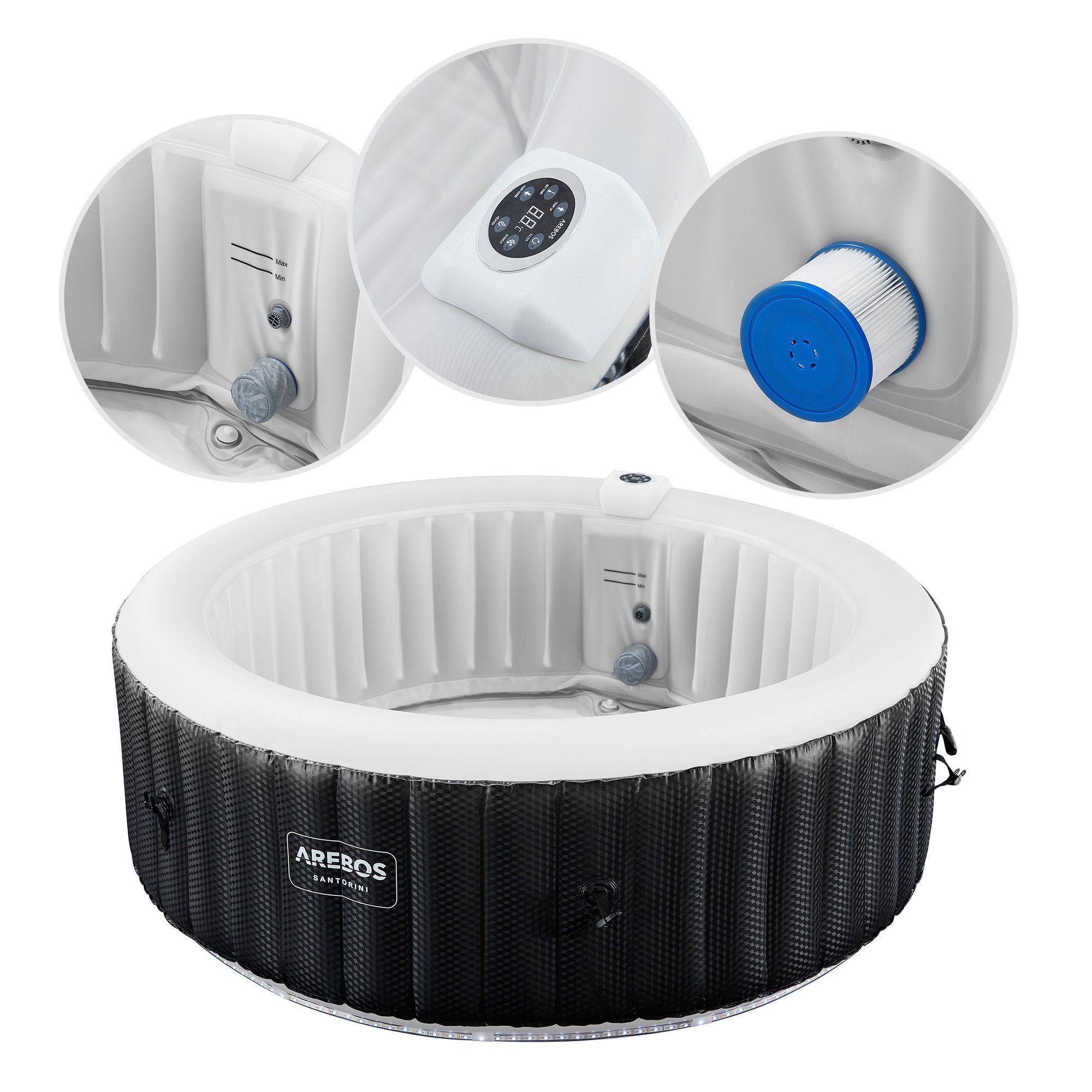 Arebos Whirlpool automatisch aufblasbar, In & Outdoor, 6 Personen, mit LED, (Aufblasbar,komplett mit Zubehör)