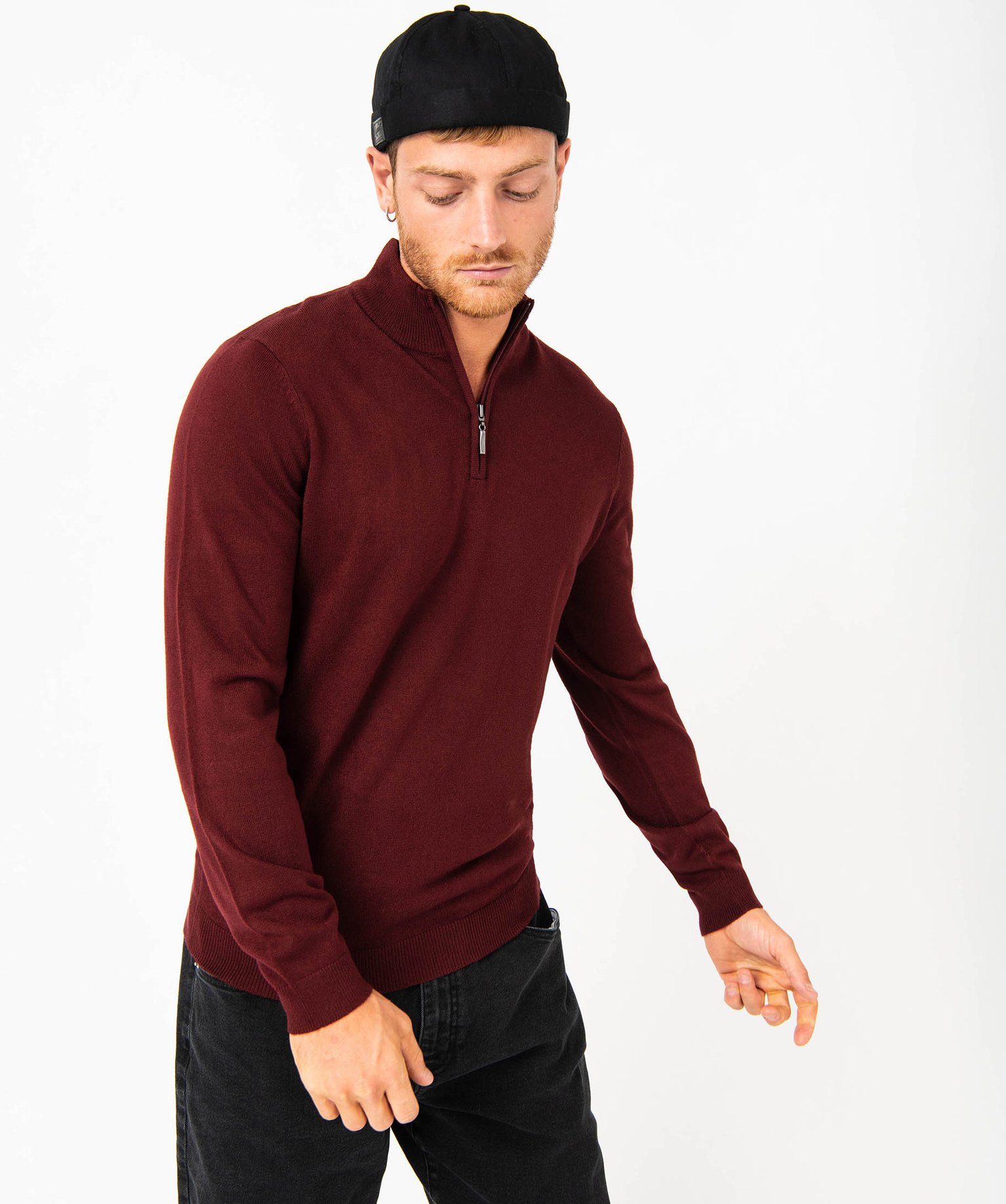 Pull col camionneur zippé en fine maille homme violet | GEMO