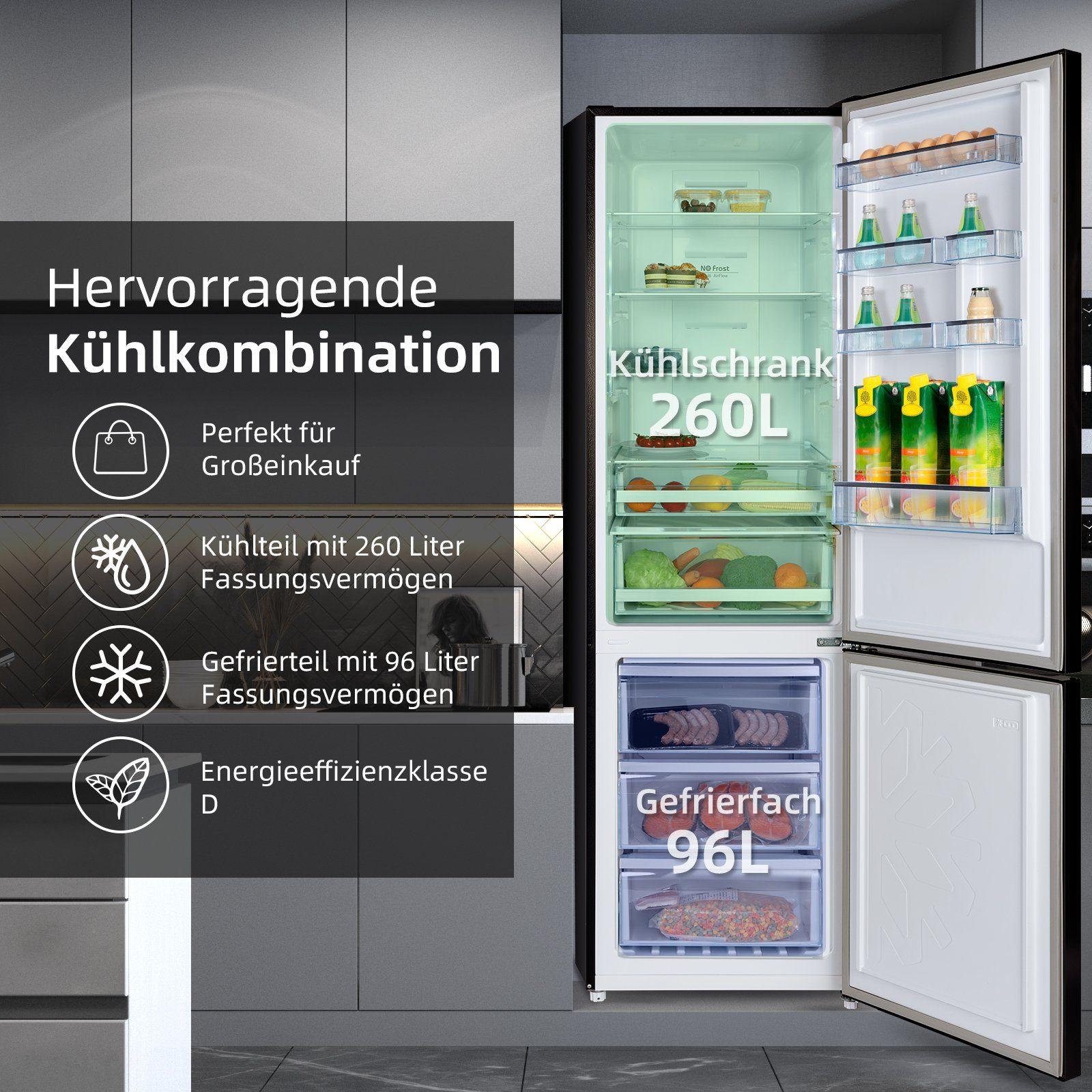 CHiQ Kühl-/Gefrierkombination FBM351NEI42, 200 cm hoch, 59.5 cm breit, No frost,12 Jahre Garantie auf den Kompressor