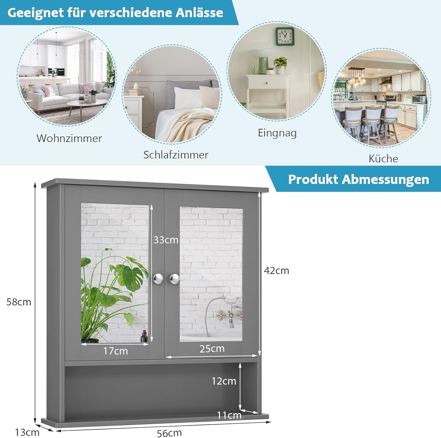 KOMFOTTEU Spiegelschrank Badezimmerspiegelschrank Wandschrank hängend, 56 x 13 x 58 cm